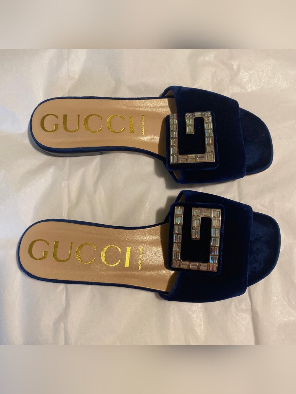 Gucci Madelyn Cobalt Blue Velvet Crystal G Slide Sandals Size 39 EUR US 9 - Picture 2 of 12